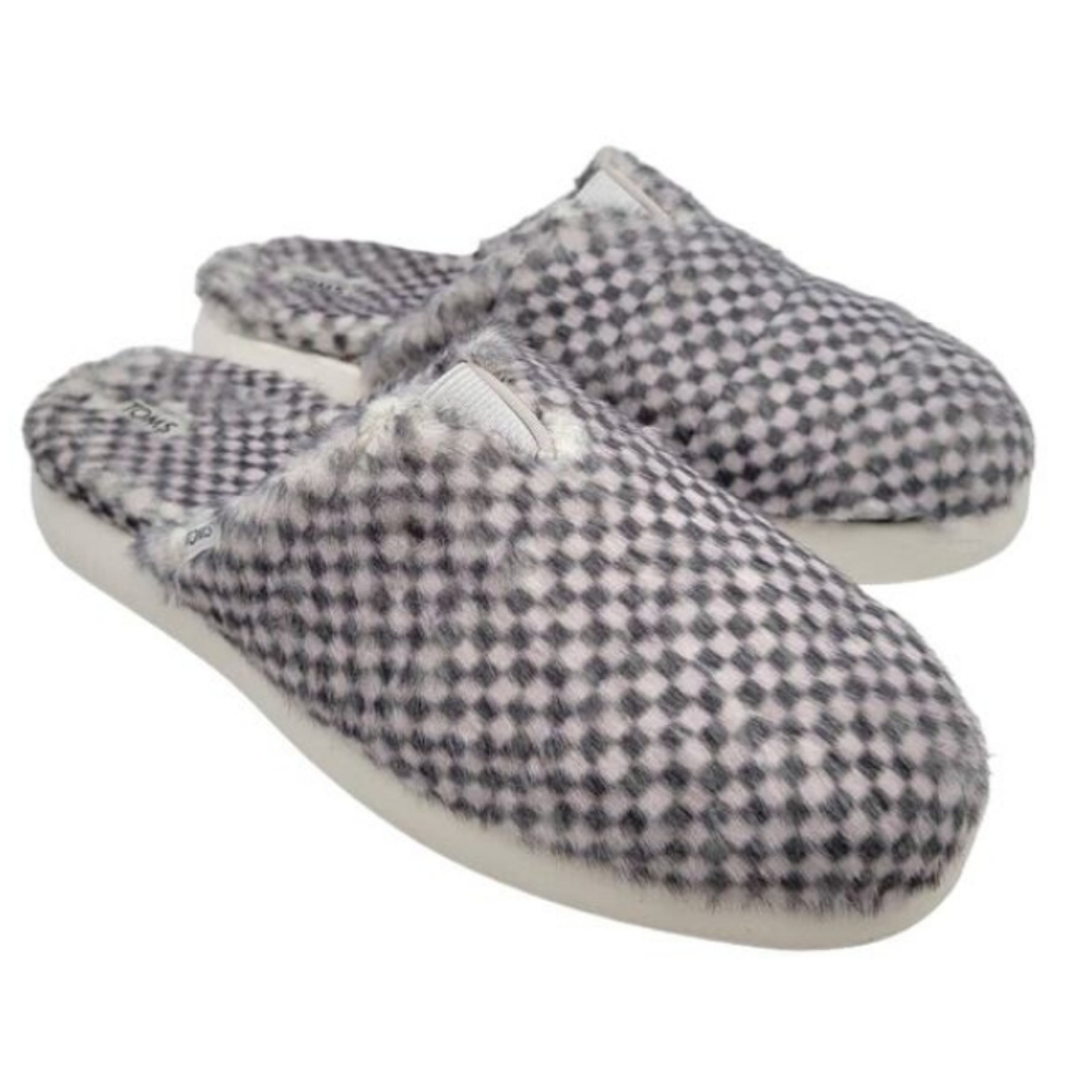 TOMS Alpargata Mallow Mule Lunar Grey Checkered Faux Mohair Slippers